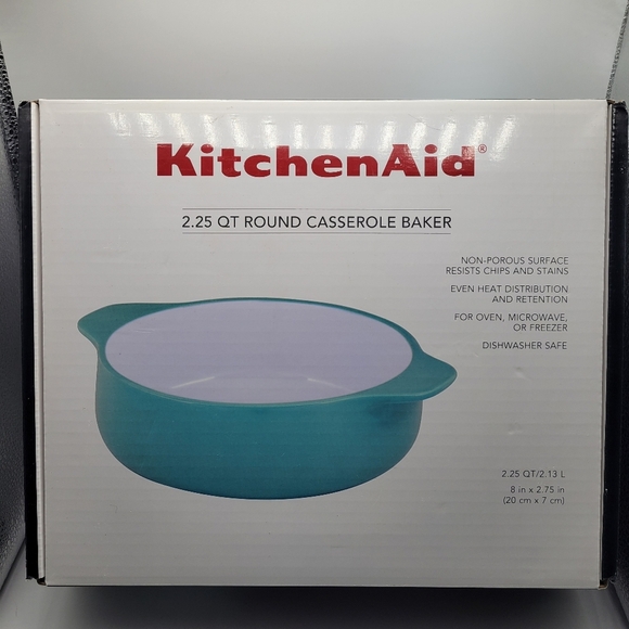 KitchenAid 2.25 QT Round Casserole Baker Light BLUE Verified Stoneware Handles - Picture 1 of 8